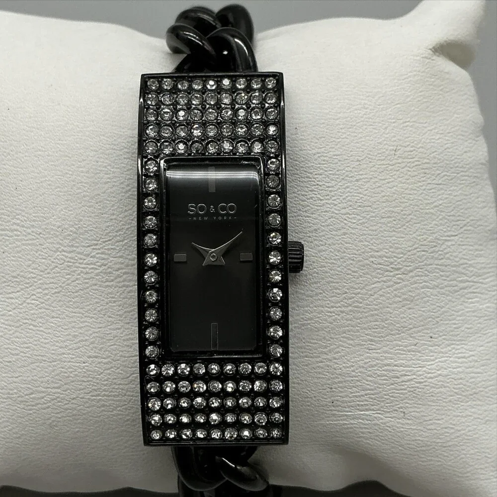 SO&CO Womens Watch 18mm Black Dial Crystal Bezel Chain Bracelet New Battery 7.5